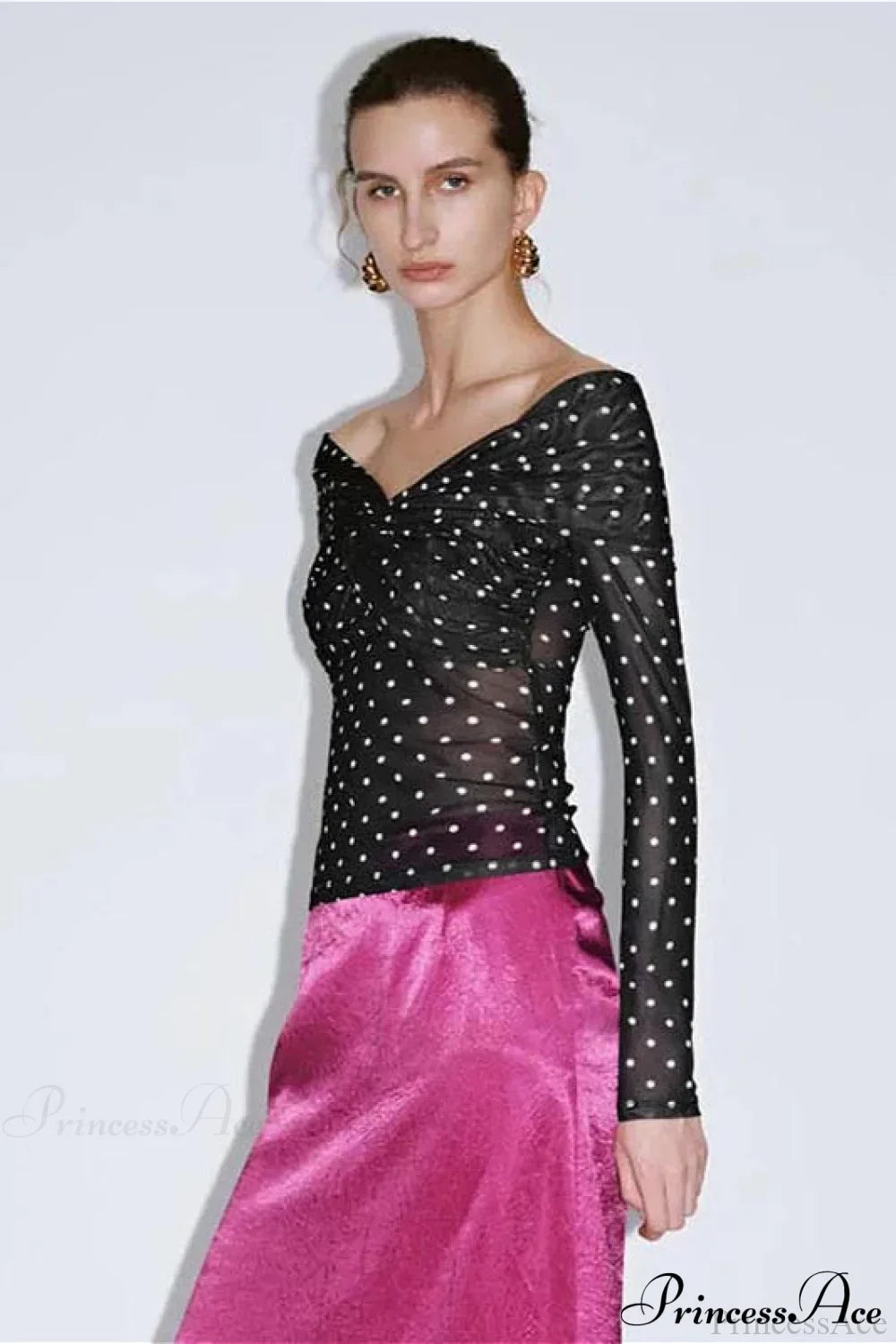 Polka Dot Off Shoulder Ruched Short Long Sleeve Tee image 3