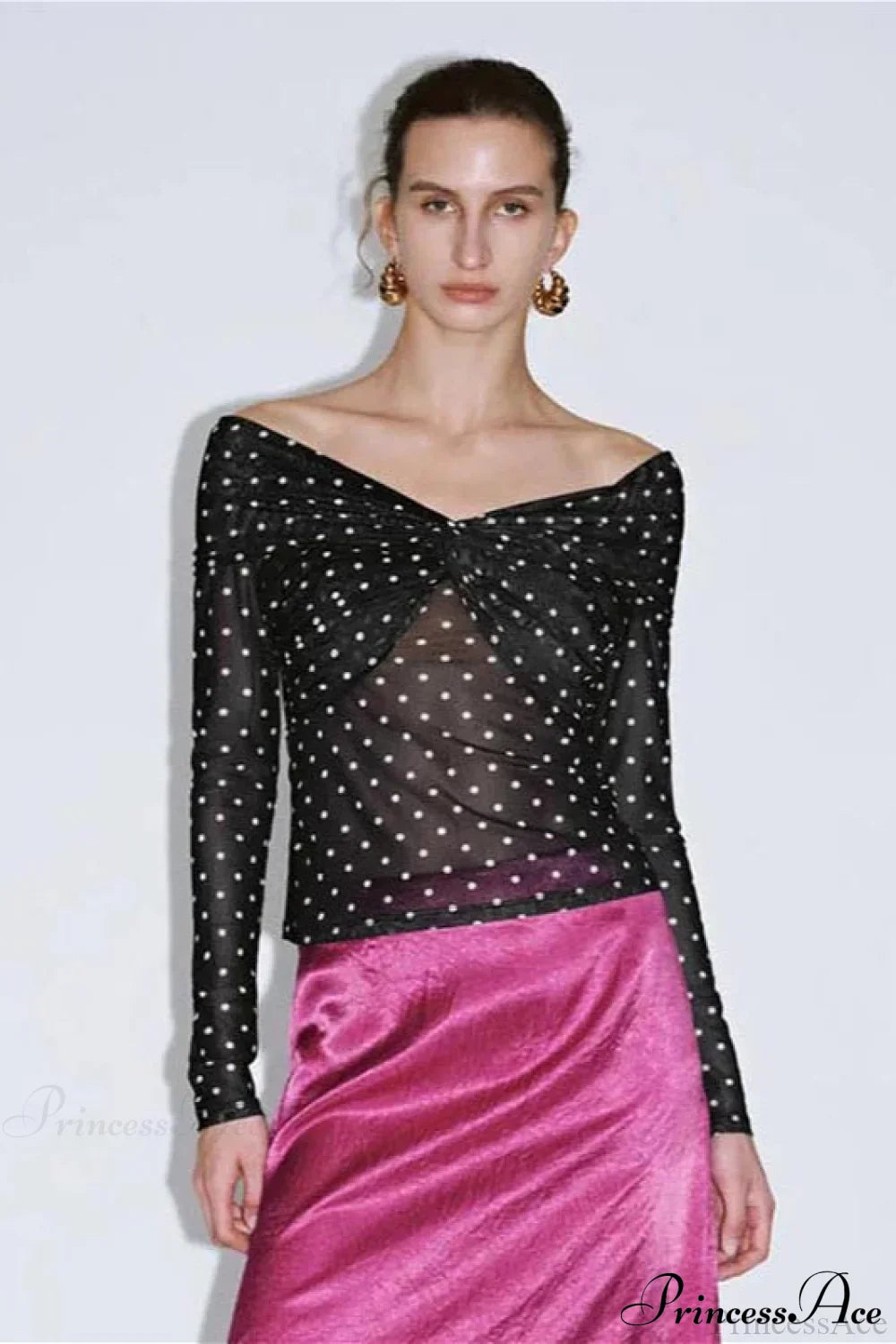 Polka Dot Off Shoulder Ruched Short Long Sleeve Tee image 2