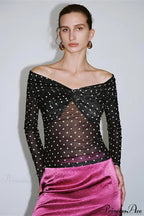 Polka Dot Off Shoulder Ruched Short Long Sleeve Tee image 1