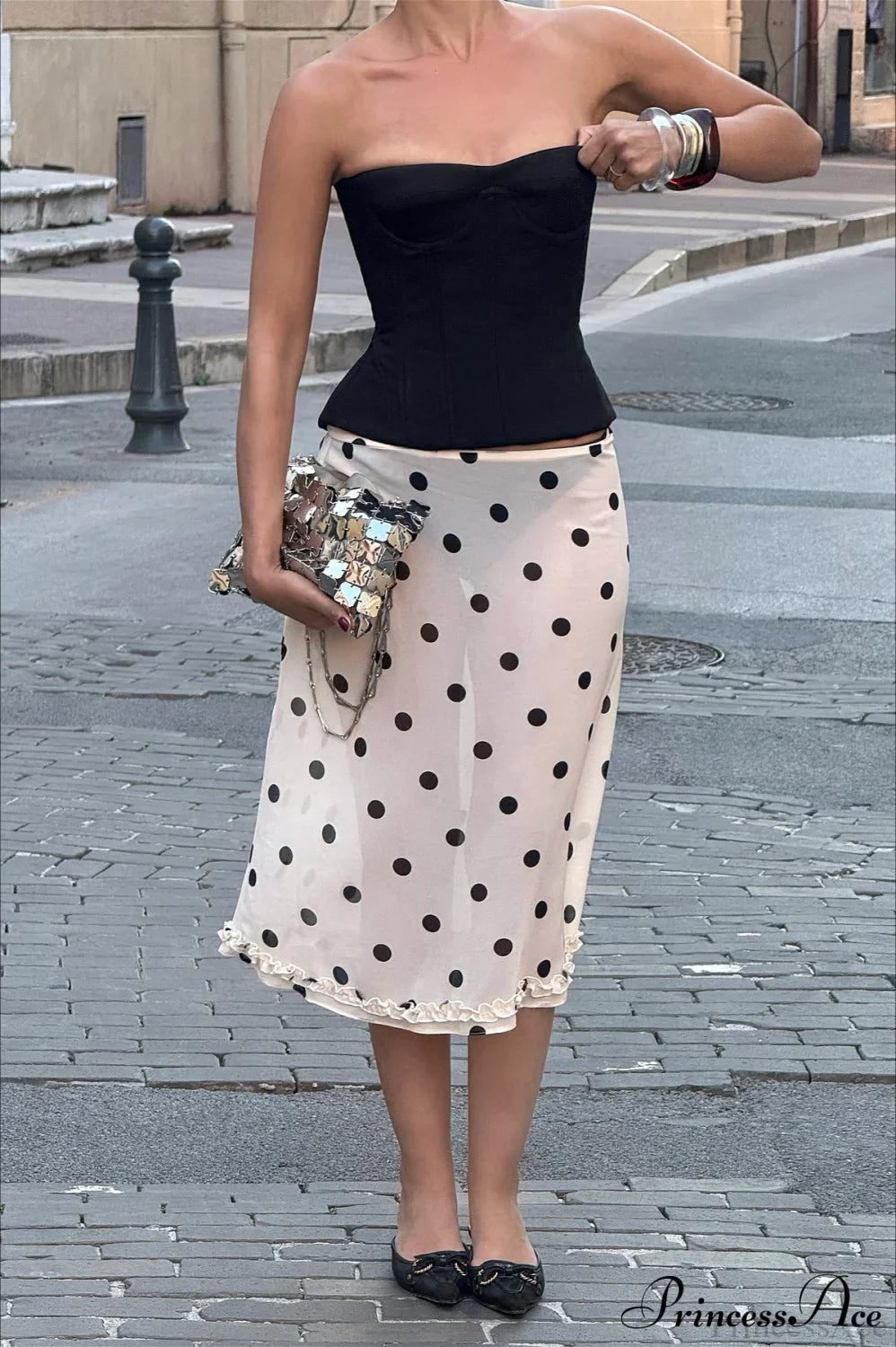Polka Dot Satin High Waist A-Line Skirt image 3