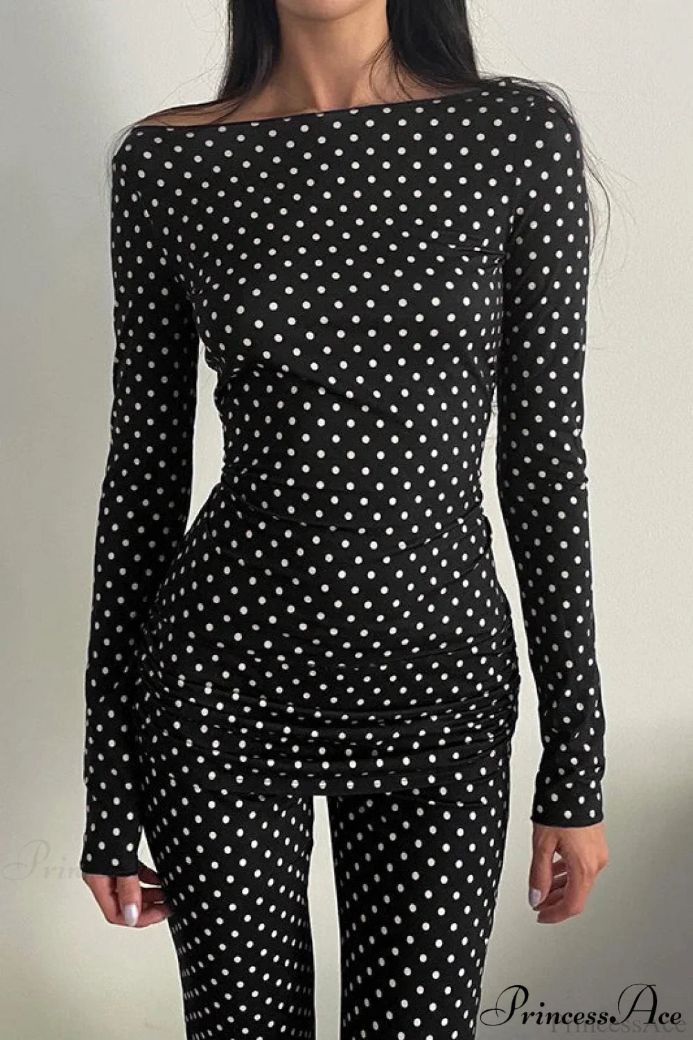 Polka Dot Vintage Off-Shoulder Long Sleeve Flare Two Piece Set image 3