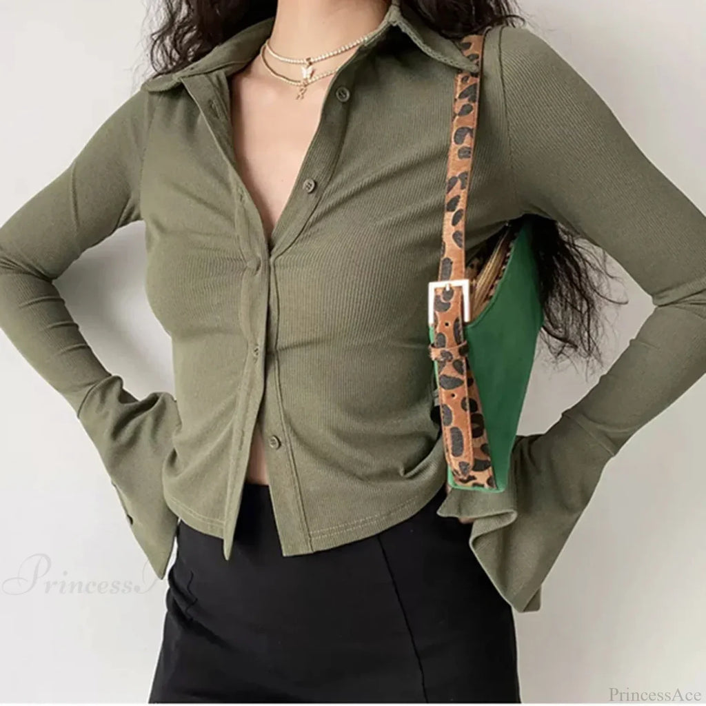 Polo Lapel Flared Sleeve Blouse image 4
