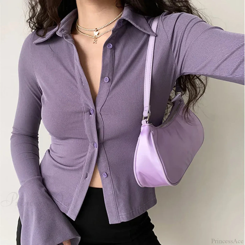 Polo Lapel Flared Sleeve Blouse image 2