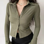 Polo Lapel Flared Sleeve Blouse image 3