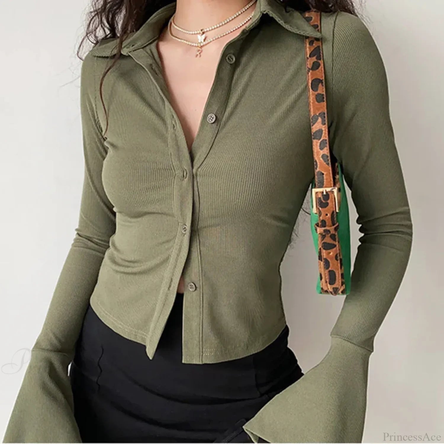 Polo Lapel Flared Sleeve Blouse image 9