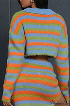 Polo Neck Striped Colorblock Slim Knit Crop Sweater image 3