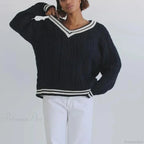 Preppy Cable Knit Striped V-neck Sweater image 5