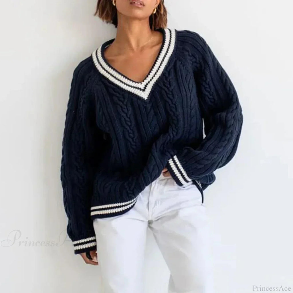 Preppy Cable Knit Striped V-neck Sweater image 1