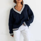 Preppy Cable Knit Striped V-neck Sweater image 1