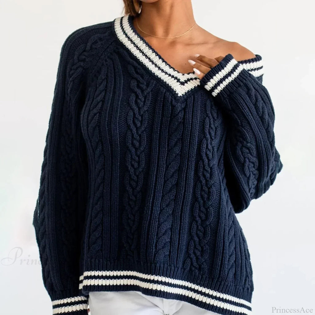 Preppy Cable Knit Striped V-neck Sweater image 2