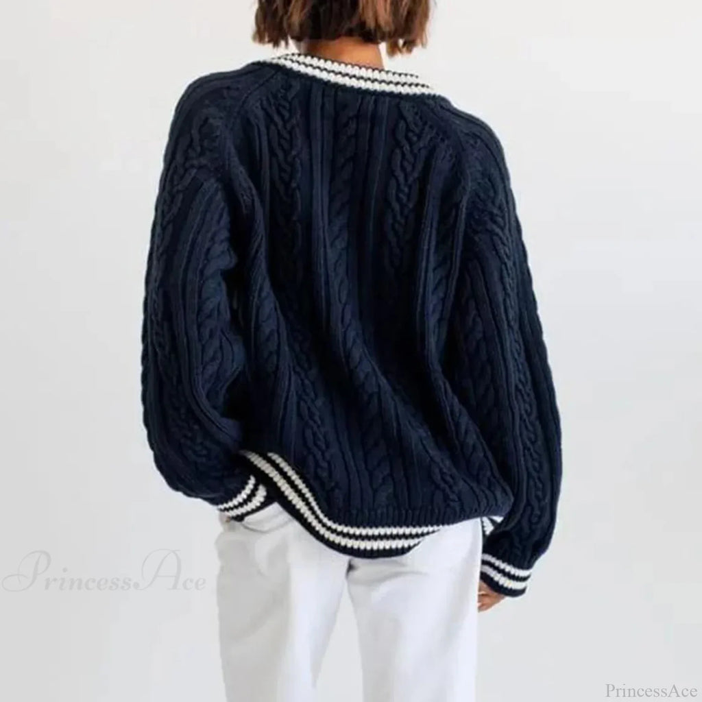 Preppy Cable Knit Striped V-neck Sweater image 4