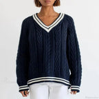 Preppy Cable Knit Striped V-neck Sweater image 3