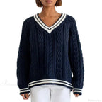 Preppy Cable Knit Striped V-neck Sweater image 6