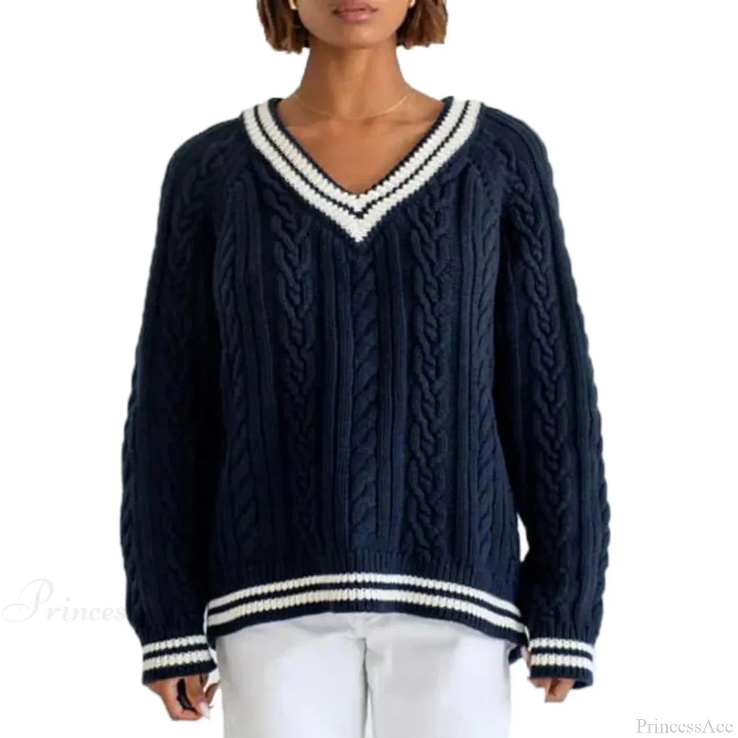 Preppy Cable Knit Striped V-neck Sweater image 6