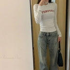 Preppy Y2K Letter Print Ribbed Long Sleeve Knit Top image 3