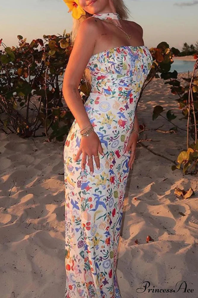 Print Halter Backless Dress in Multicolor image 1
