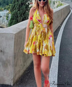 Print Halter Open Back Graceful Sleeveless V Neck Mini Dress image 1