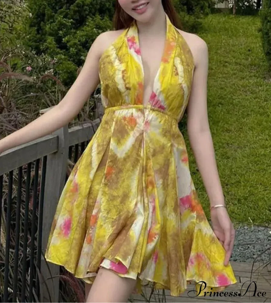 Print Halter Open Back Graceful Sleeveless V Neck Mini Dress image 15