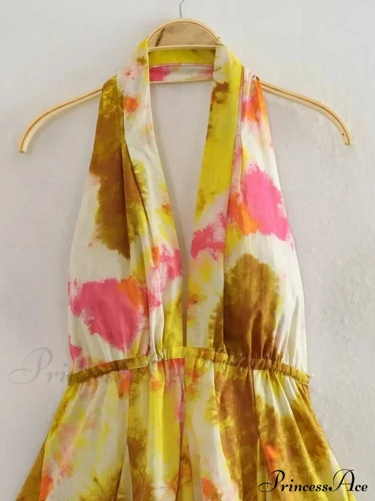 Print Halter Open Back Graceful Sleeveless V Neck Mini Dress image 3