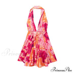 Print Halter Open Back Graceful Sleeveless V Neck Mini Dress image 13