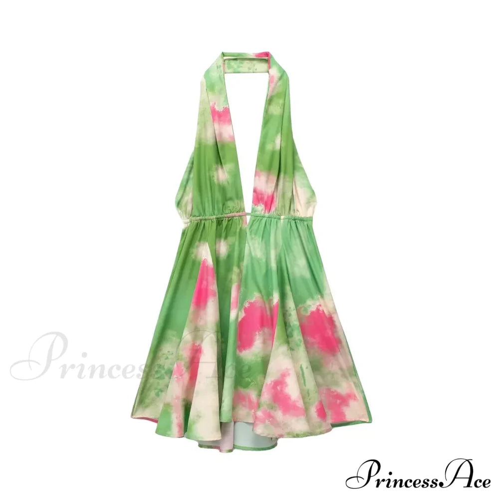 Print Halter Open Back Graceful Sleeveless V Neck Mini Dress image 7