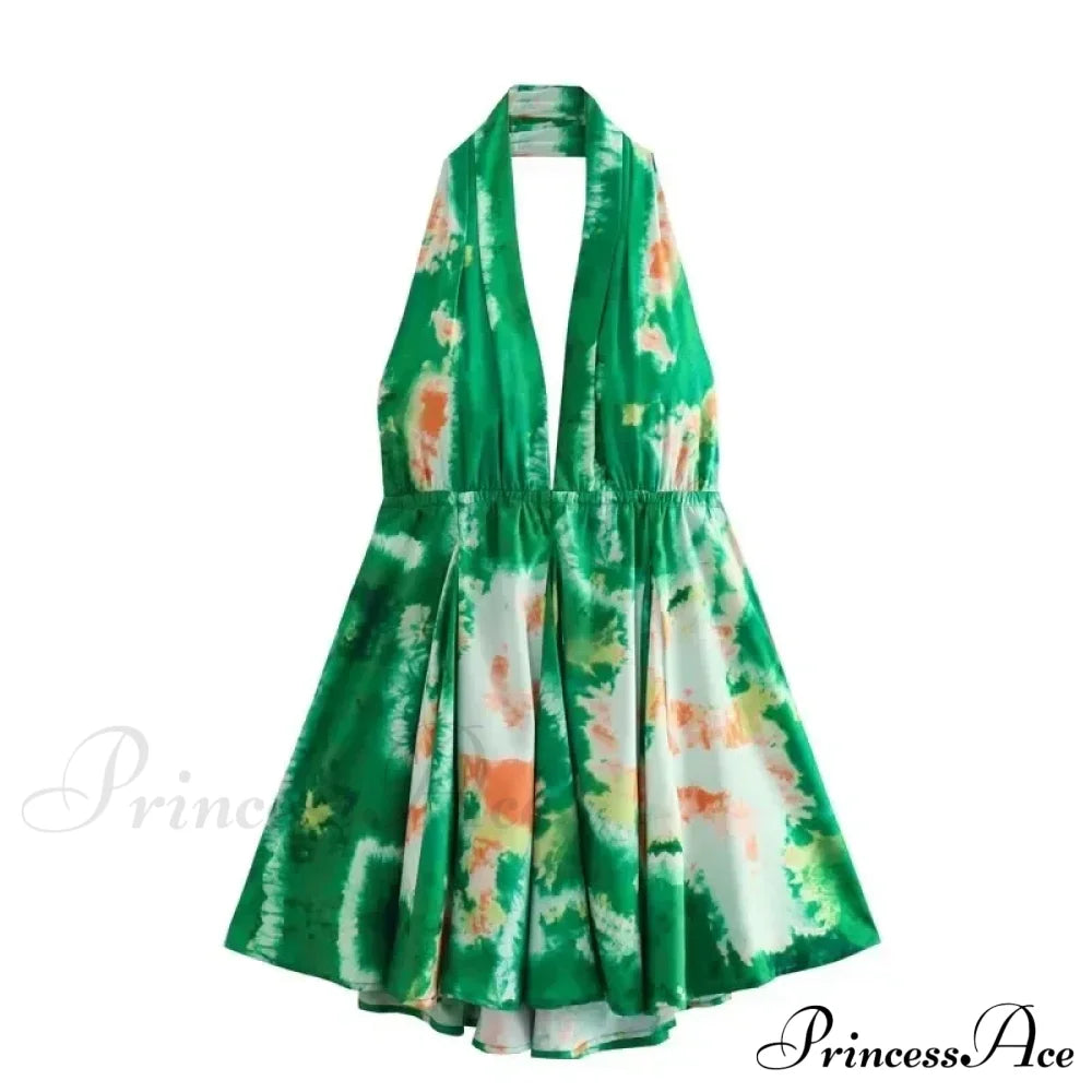 Print Halter Open Back Graceful Sleeveless V Neck Mini Dress image 8