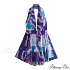 Print Halter Open Back Graceful Sleeveless V Neck Mini Dress image 10