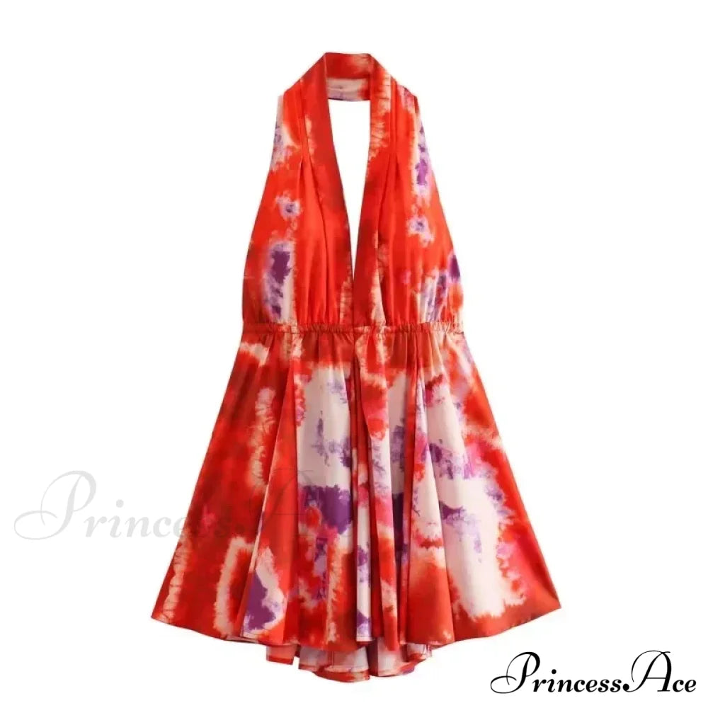 Print Halter Open Back Graceful Sleeveless V Neck Mini Dress image 9