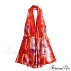 Print Halter Open Back Graceful Sleeveless V Neck Mini Dress image 9