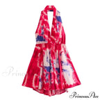 Print Halter Open Back Graceful Sleeveless V Neck Mini Dress image 11