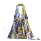 Print Halter Open Back Graceful Sleeveless V Neck Mini Dress image 12