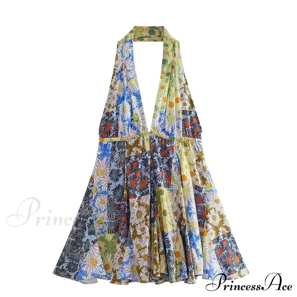 Print Halter Open Back Graceful Sleeveless V Neck Mini Dress image 12