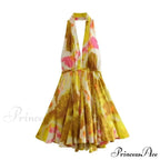 Print Halter Open Back Graceful Sleeveless V Neck Mini Dress image 4
