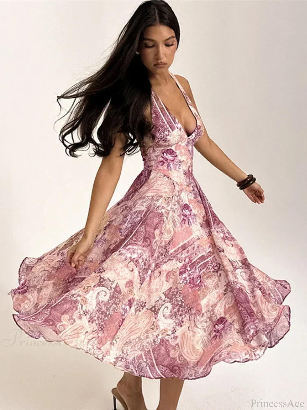 Print Pleated A-line Vacation Dress image 2