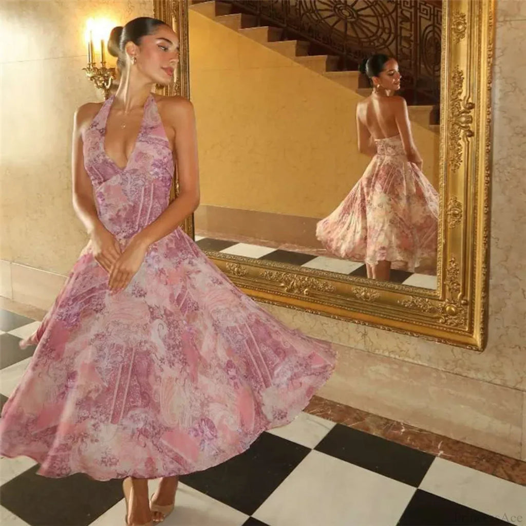 Print Pleated A-line Vacation Dress image 3