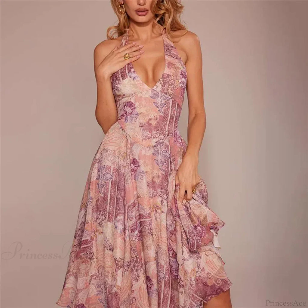 Print Pleated A-line Vacation Dress image 4