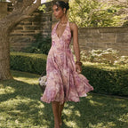 Print Pleated A-line Vacation Dress image 5