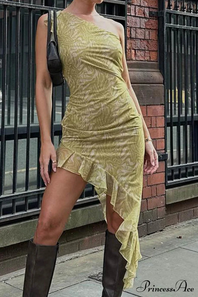 Print Ruffle Irregular Hem Dress with One Shoulder image 1