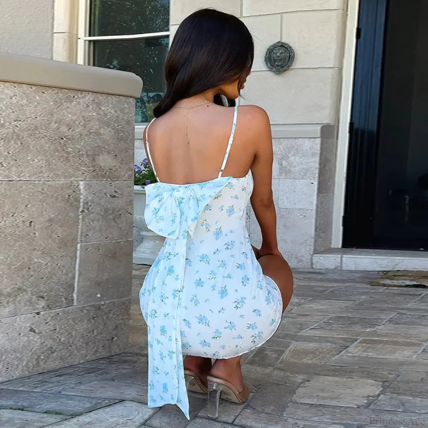 Print Slim Bow Backless Mini Vacation Dress image 1
