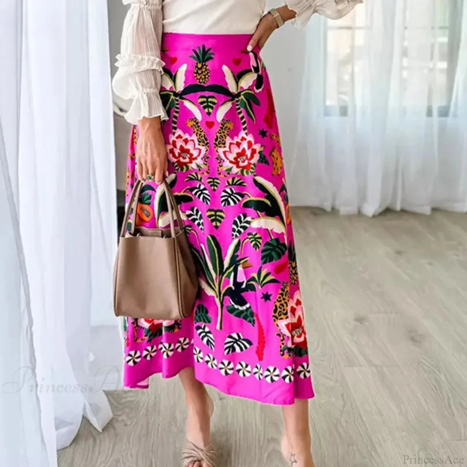 Printed A-Line Skirt Plants Flowers Zipper Spring Summer Fashion Skirt image 1