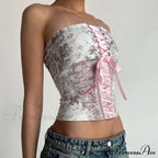 Printed Corset Pink Charming Ribbon Tie-Up Tube Top image 2
