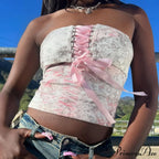 Printed Corset Pink Charming Ribbon Tie-Up Tube Top image 5