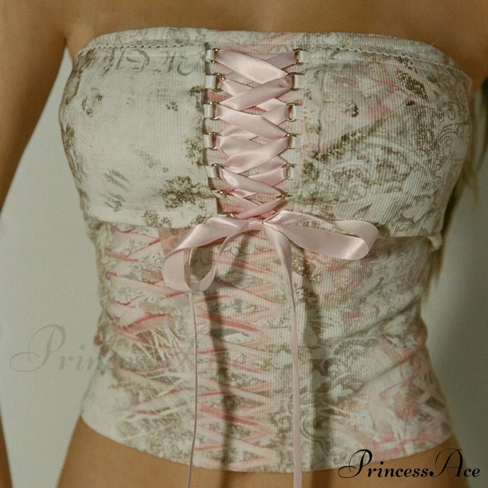 Printed Corset Pink Charming Ribbon Tie-Up Tube Top image 1