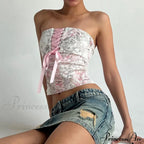 Printed Corset Pink Charming Ribbon Tie-Up Tube Top image 4