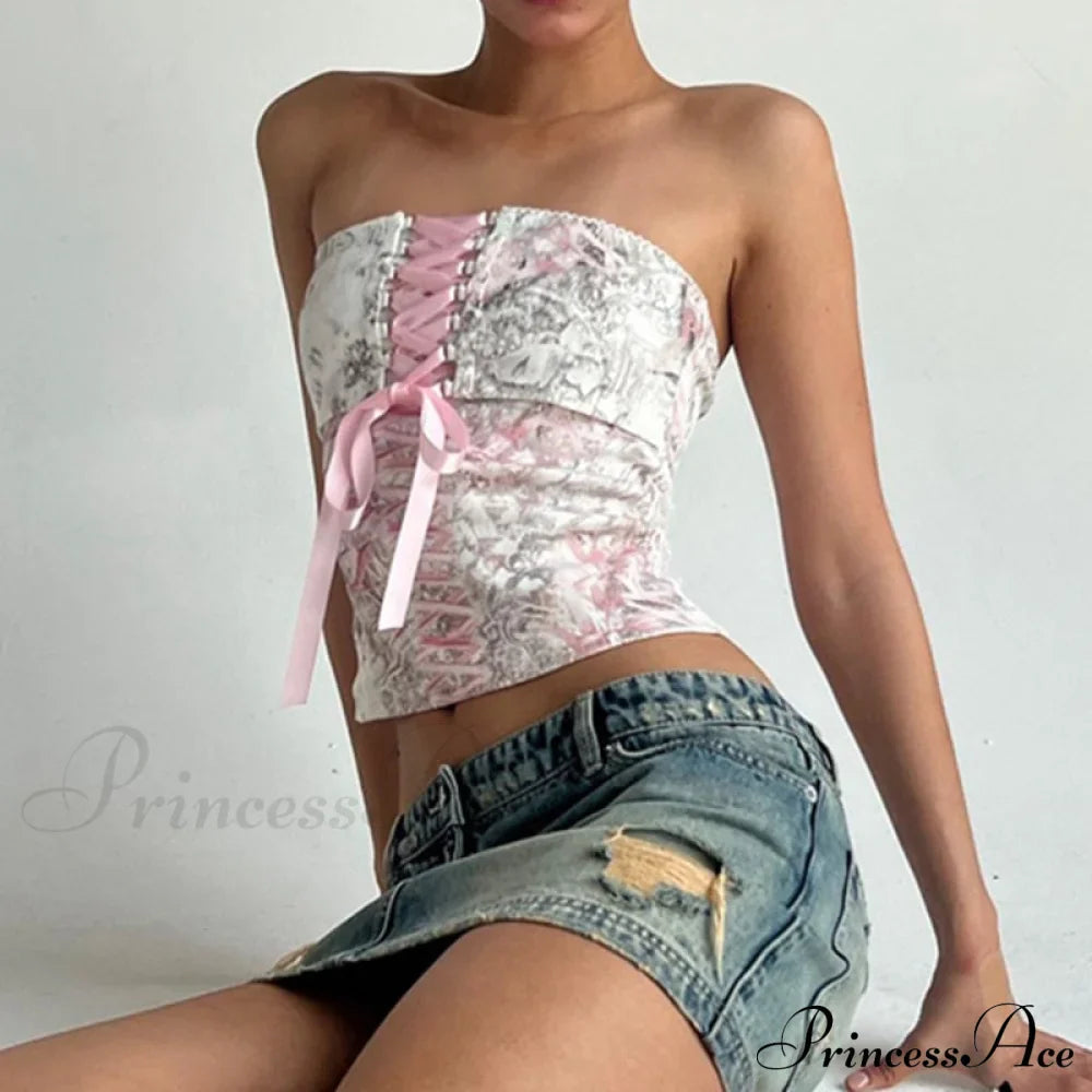 Printed Corset Pink Charming Ribbon Tie-Up Tube Top image 4