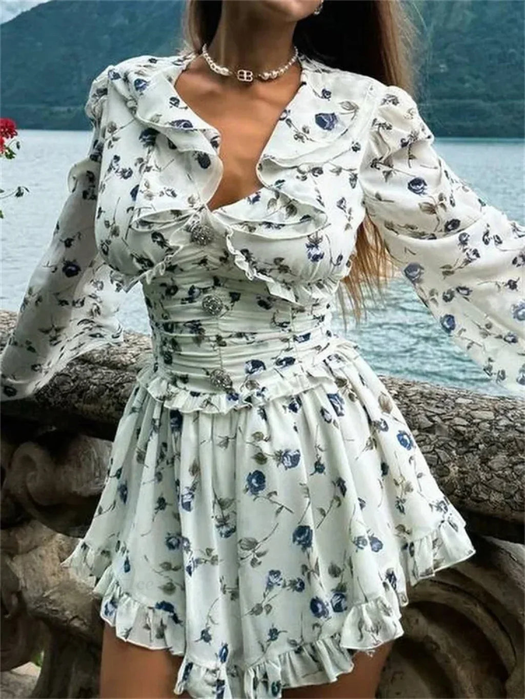 Printed Drawstring Bandage Mini Dress image 1