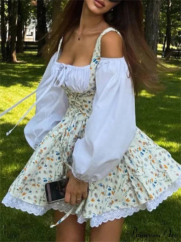 Printed Off-shoulder Lantern Charming Sleeve Flare Mini Dress image 3