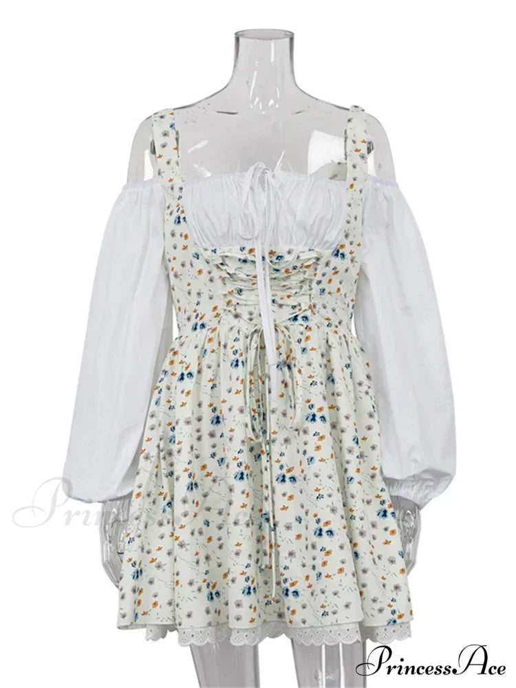 Printed Off-shoulder Lantern Charming Sleeve Flare Mini Dress image 5