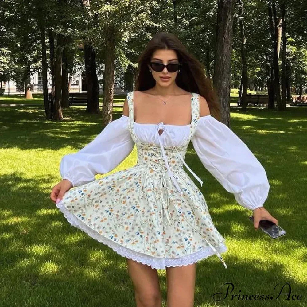 Printed Off-shoulder Lantern Charming Sleeve Flare Mini Dress image 23