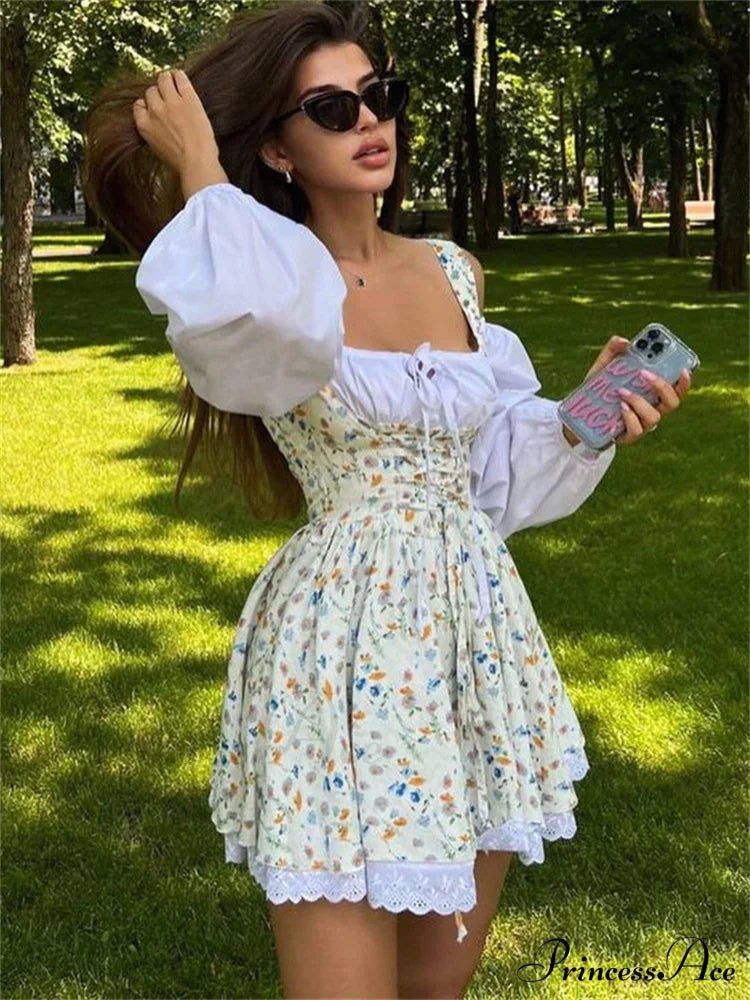 Printed Off-shoulder Lantern Charming Sleeve Flare Mini Dress image 2
